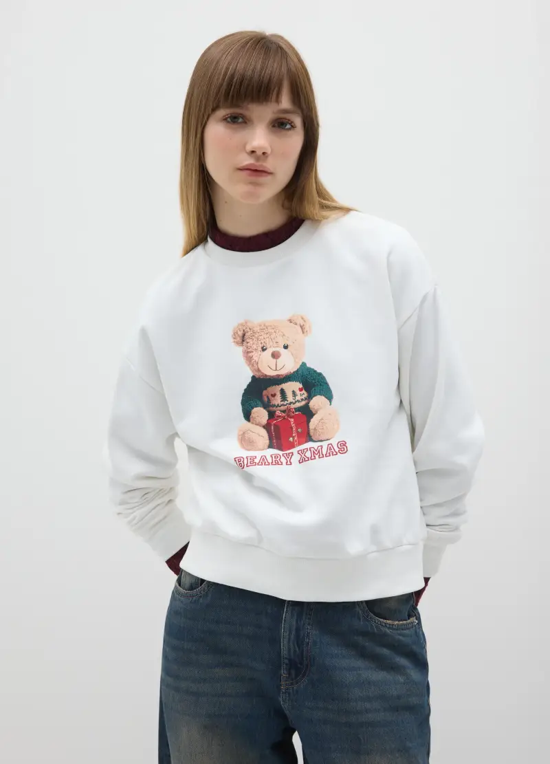 Felpa Bianca In Misto Cotone Regular Fit Con Stampa Natalizia, Donna, Bianco