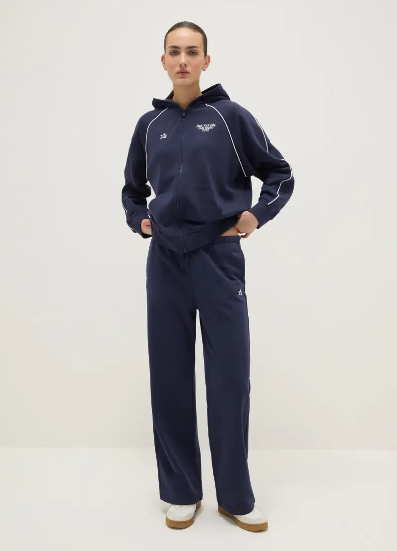 Felpa Blu Con Cappuccio E Zip In Misto Cotone Relaxed Fit, Donna, Blu