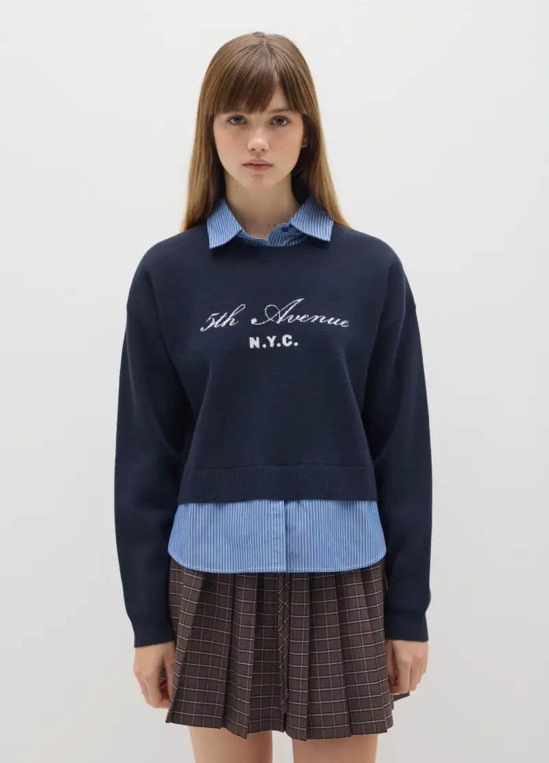 Felpa Blu Regular Fit Con Collo A V, Donna, Blu miniatura 3