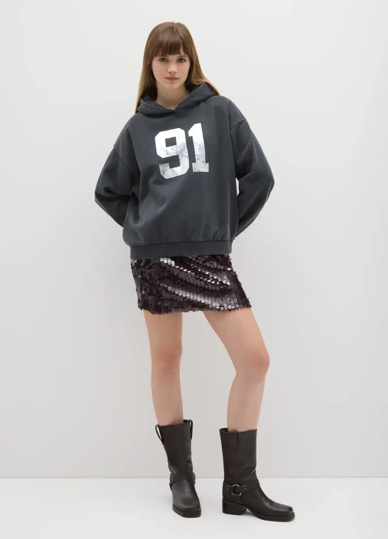 Felpa Con Cappuccio Grigia In Misto Cotone Regular Fit Con Stampa, Donna, Grigio miniatura 2