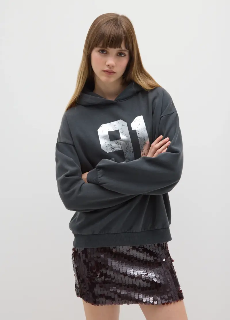 Felpa Con Cappuccio Grigia In Misto Cotone Regular Fit Con Stampa, Donna, Grigio miniatura 3