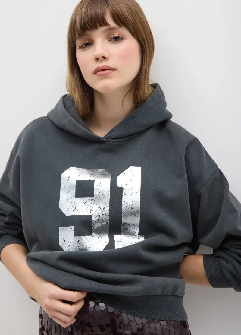 Felpa Con Cappuccio Grigia In Misto Cotone Regular Fit Con Stampa, Donna, Grigio