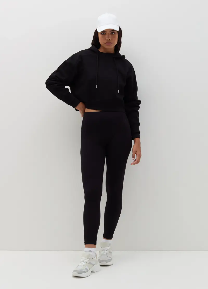 Felpa Crop Con Cappuccio, Donna, Nero