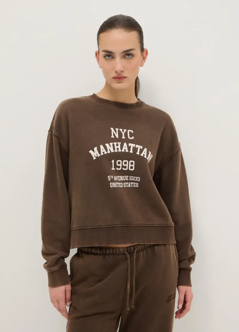 Felpa Girocollo Marrone In Misto Cotone Regular Fit Con Scritta, Donna, Marrone miniatura 3