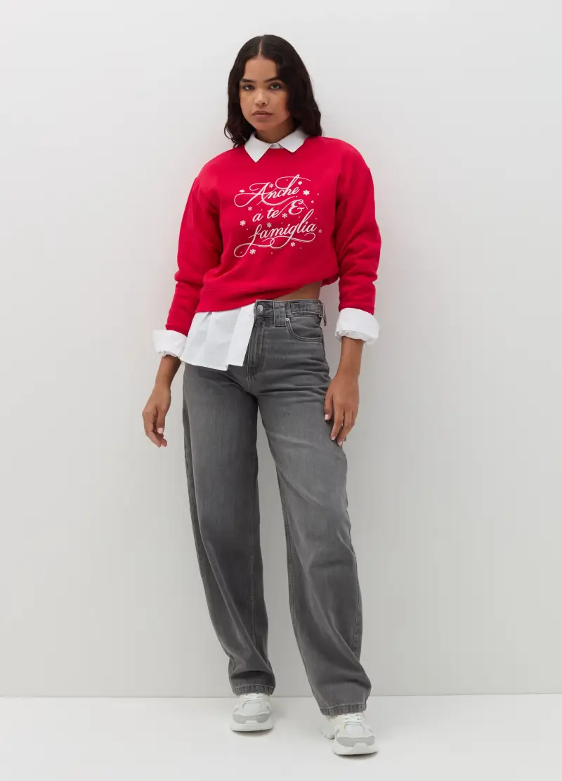 Felpa Girocollo Natalizia, Donna, Rosso