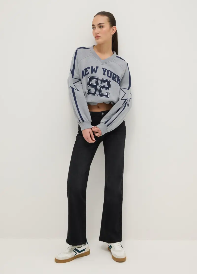 Felpa Grigia In Misto Cotone Oversize Con Collo A V E Stampa, Donna, Grigio miniatura 2