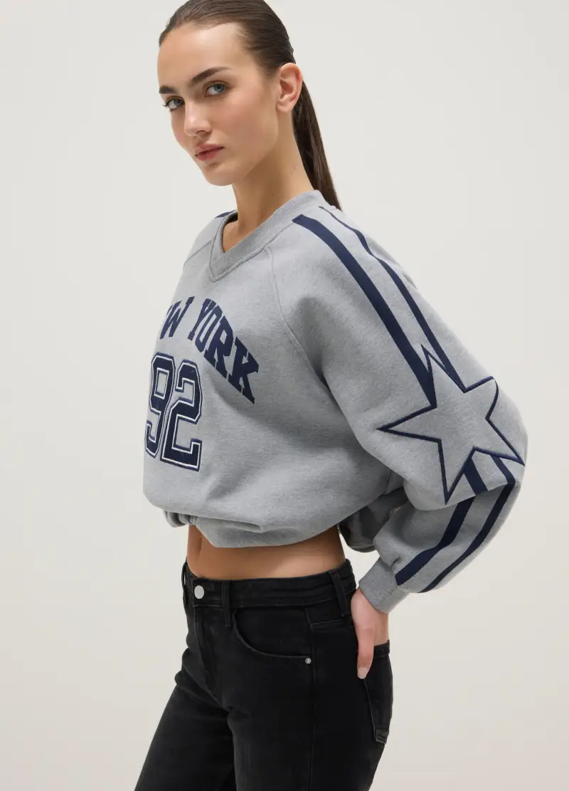 Felpa Grigia In Misto Cotone Oversize Con Collo A V E Stampa, Donna, Grigio miniatura 3