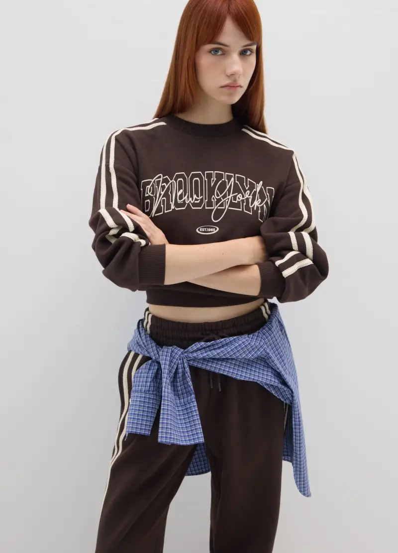 Felpa In Misto Cotone Marrone A Righe Regular Fit, Donna, Marrone