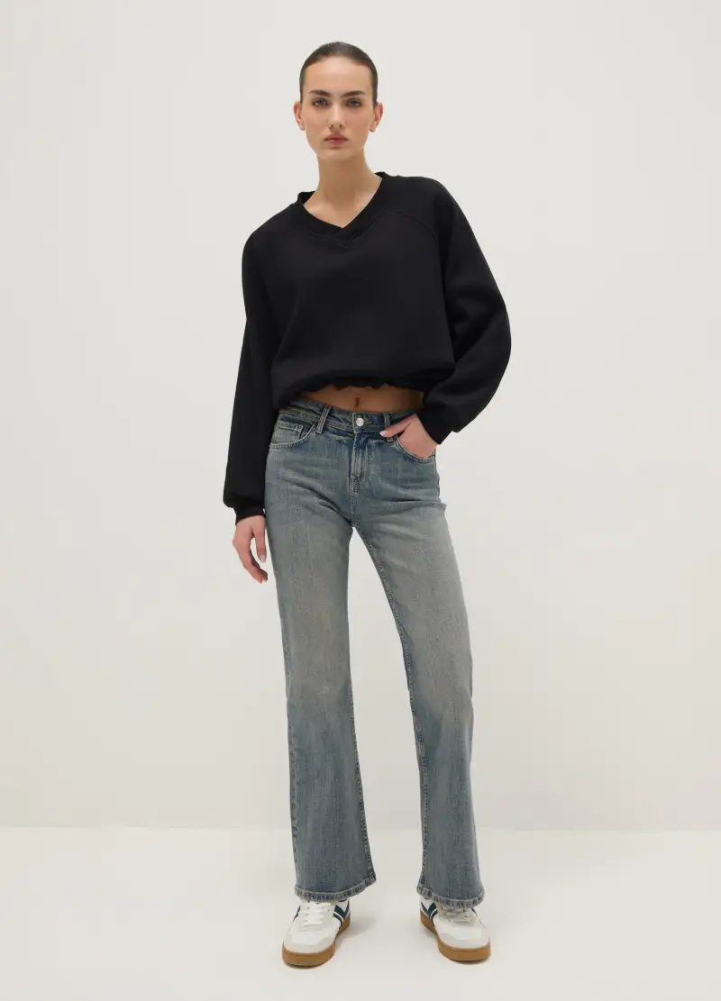 Felpa Nera In Misto Cotone Oversize Con Collo A V, Donna, Nero miniatura 2