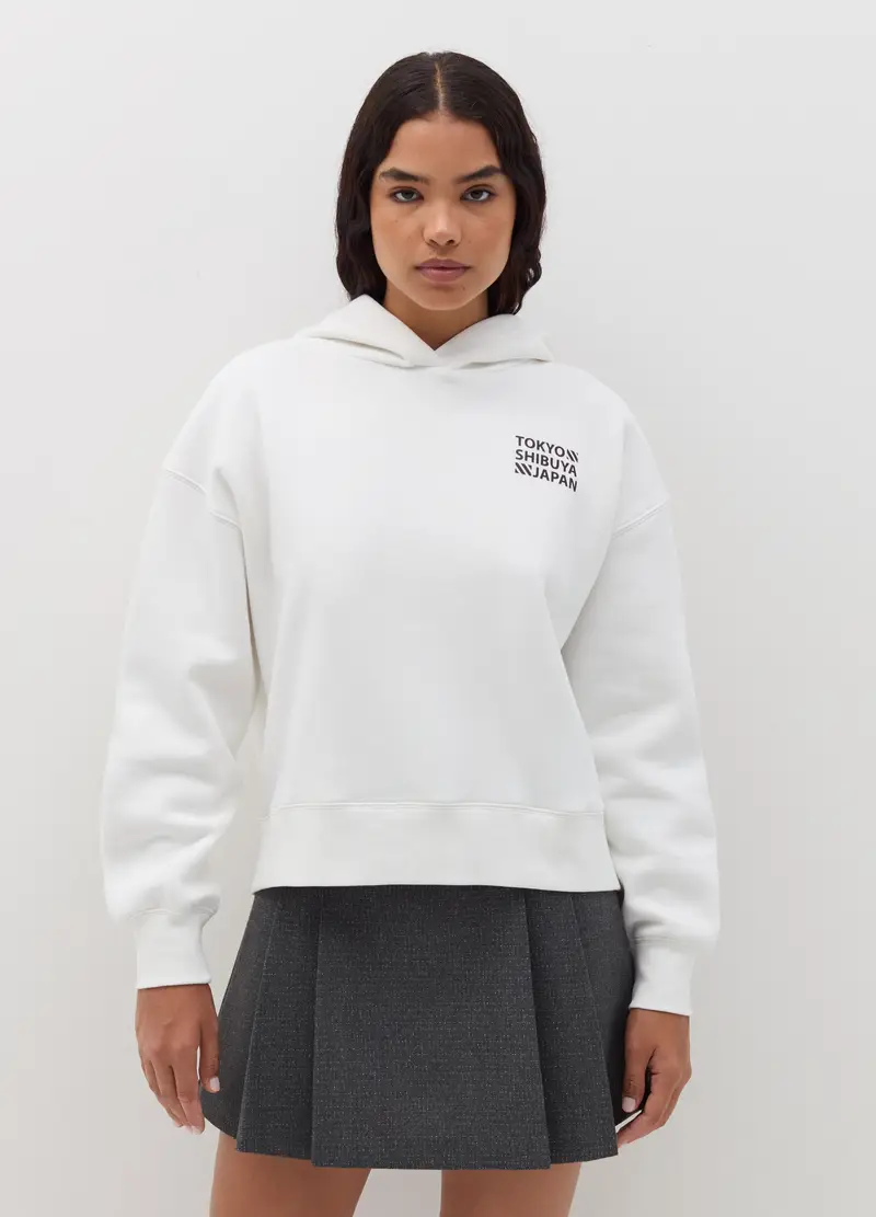 Felpa Over Con Cappuccio E Stampa, Donna, Bianco miniatura 2