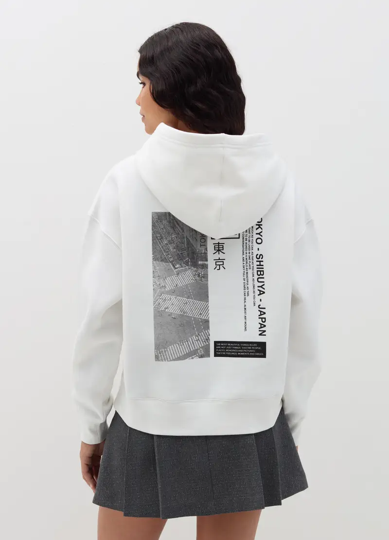 Felpa Over Con Cappuccio E Stampa, Donna, Bianco miniatura 3