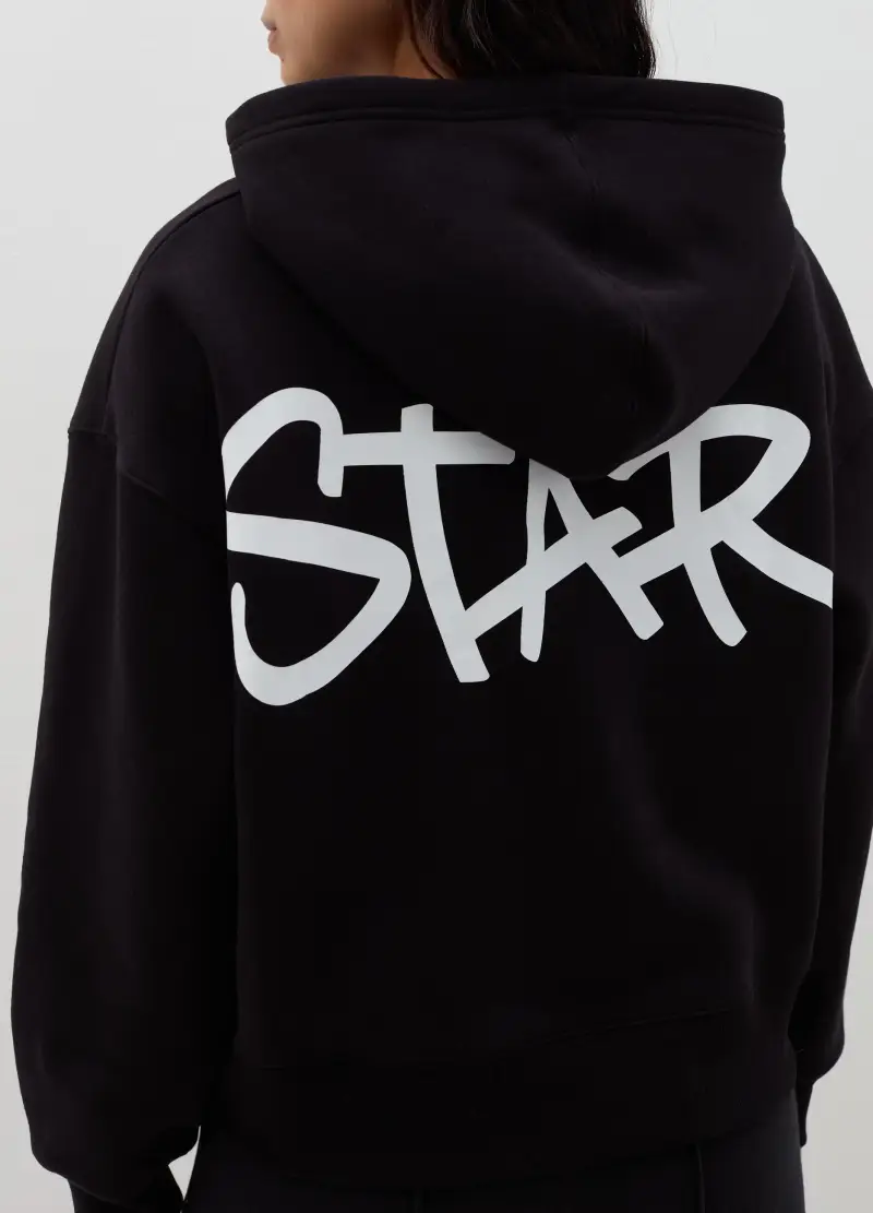 Felpa Over Con Cappuccio E Stampa, Donna, Nero miniatura 2