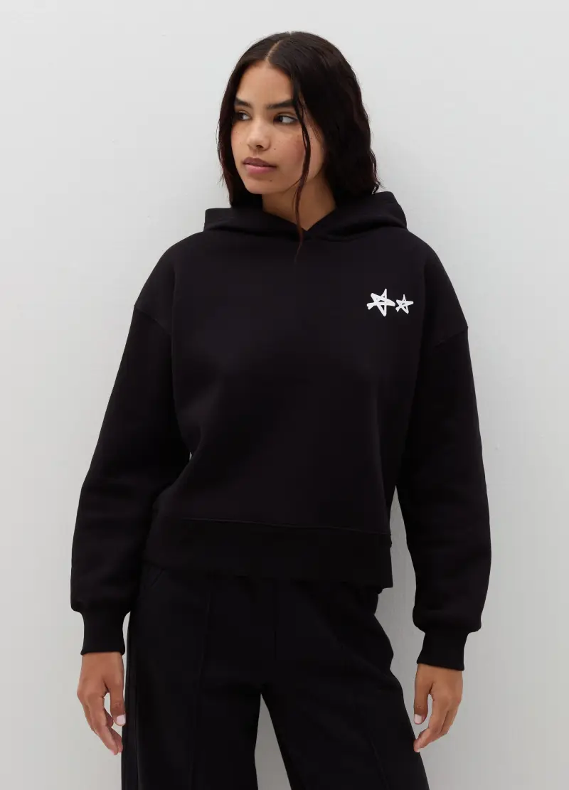 Felpa Over Con Cappuccio E Stampa, Donna, Nero