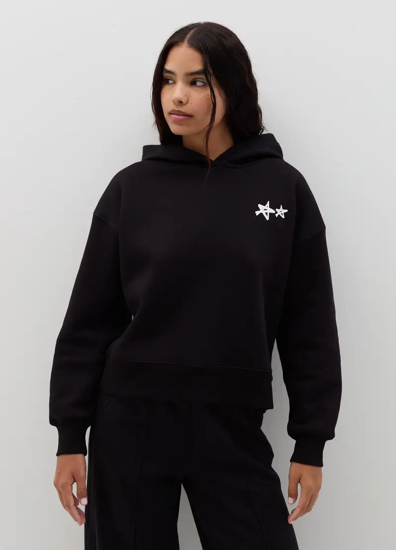 Felpa Over Con Cappuccio E Stampa, Donna, Nero