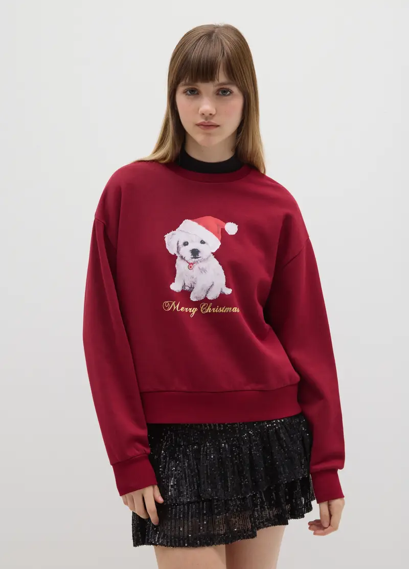 Felpa Rossa In Misto Cotone Regular Fit Con Stampa Natalizia, Donna, Rosso