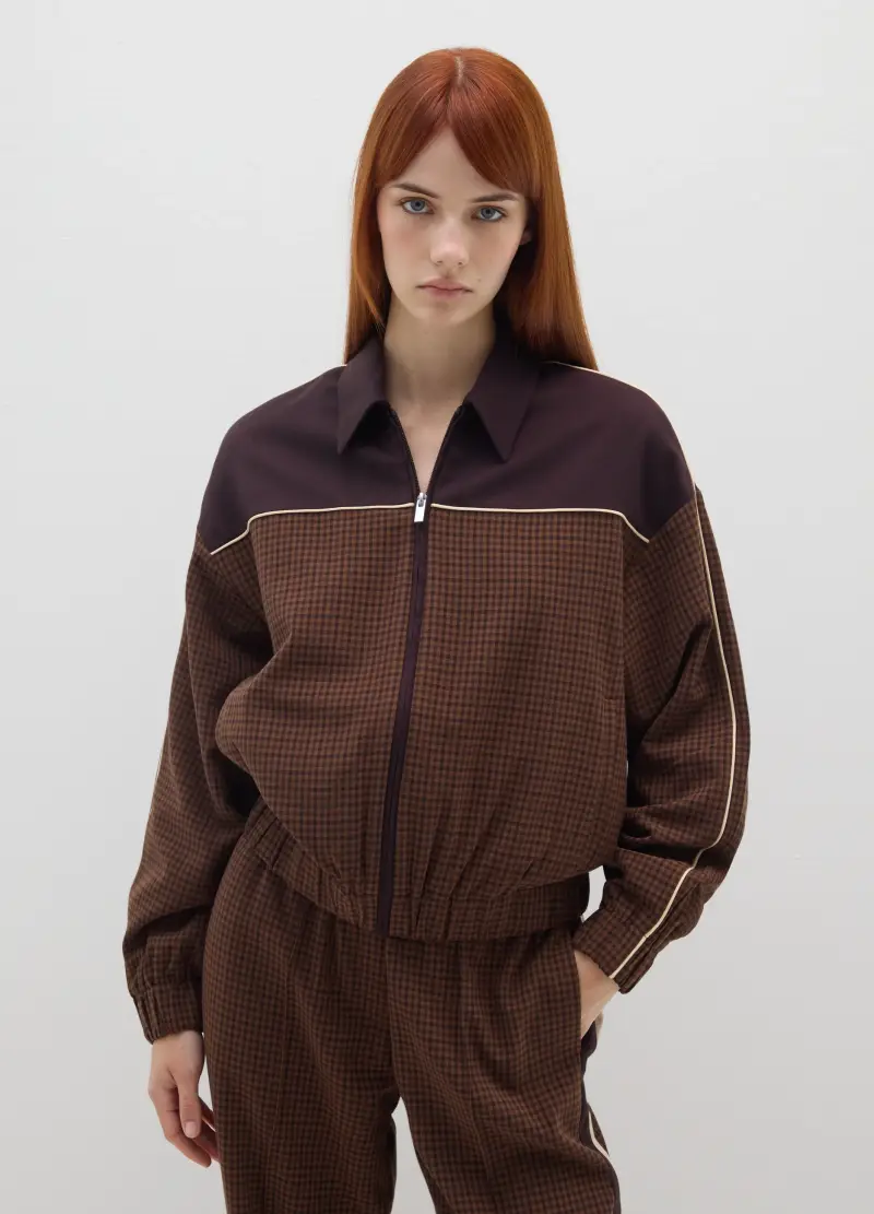 Giacca A Quadri Marrone Con Zip, Donna, Multicolor miniatura 3