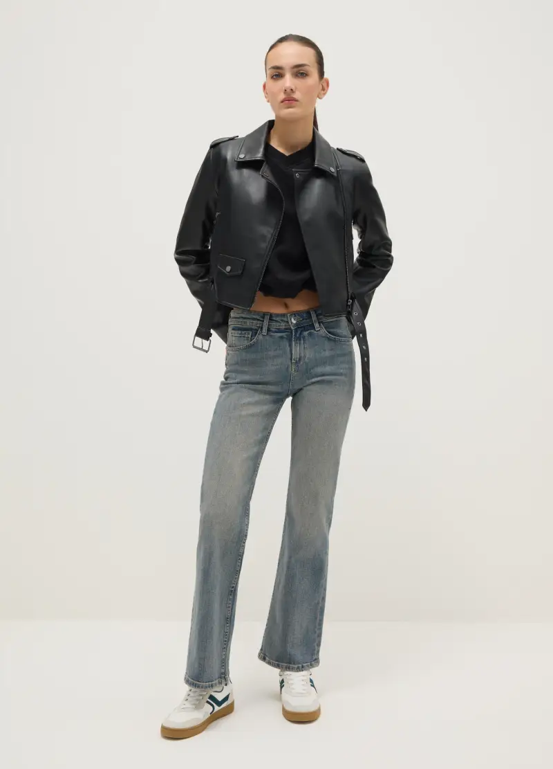 Giacca Biker Nera Regular Fit Con Dettagli Metallici E Zip Diagonale, Donna, Nero miniatura 2