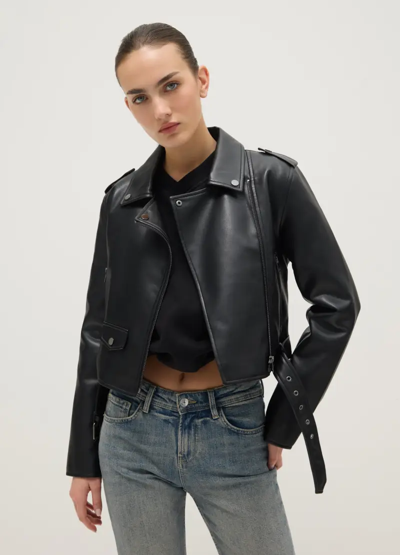 Giacca Biker Nera Regular Fit Con Dettagli Metallici E Zip Diagonale, Donna, Nero miniatura 3