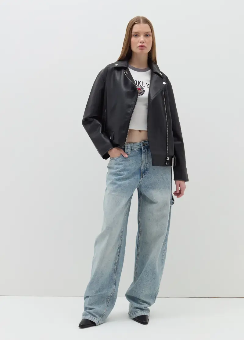 Giacca Chiodo Over Con Zip, Donna, Nero