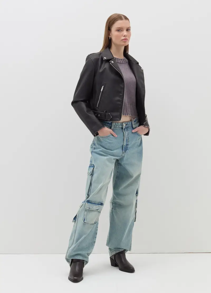 Giacca Crop Effetto Lucido Con Zip, Donna, Nero