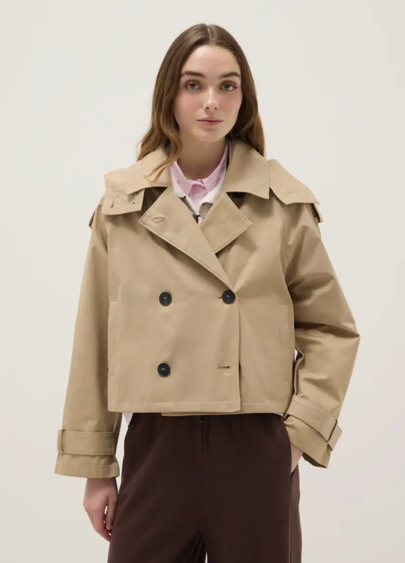 Giacca In Misto Cotone Beige Regular Fit Con Cappuccio, Donna, Beige miniatura 2