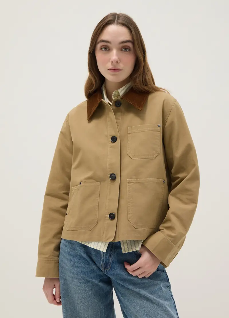 Giacca In Puro Cotone Beige Regular Fit Con Colletto A Contrasto, Donna, Beige miniatura 3