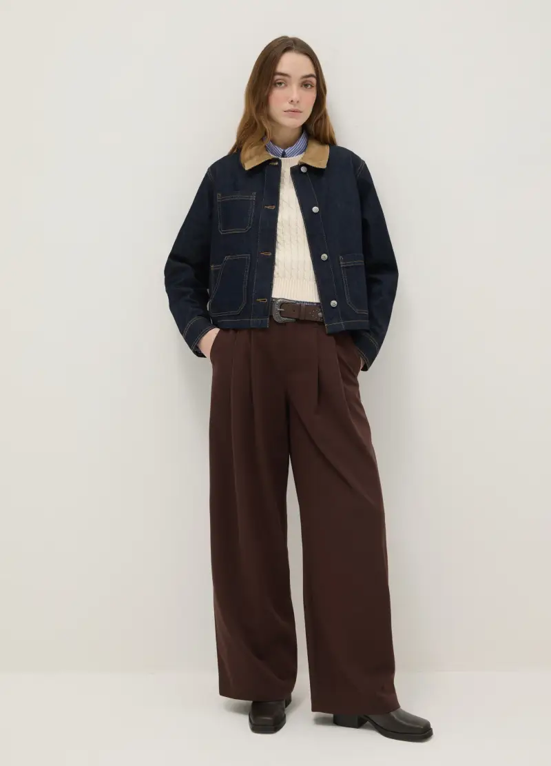 Giacca In Puro Cotone Blu Regular Fit Con Tasche E Colletto A Contrasto, Donna, Blu