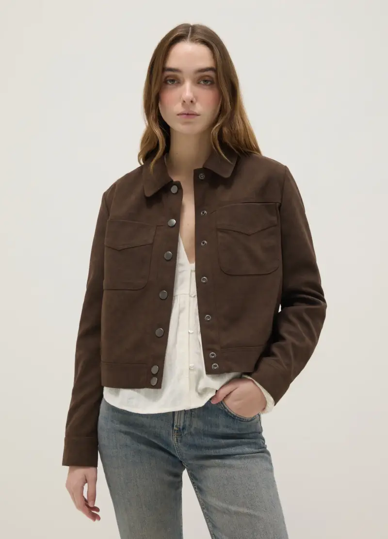 Giacca Marrone Regular Fit Con Bottoni A Pressione E Tasche Sul Petto, Donna, Marrone miniatura 3