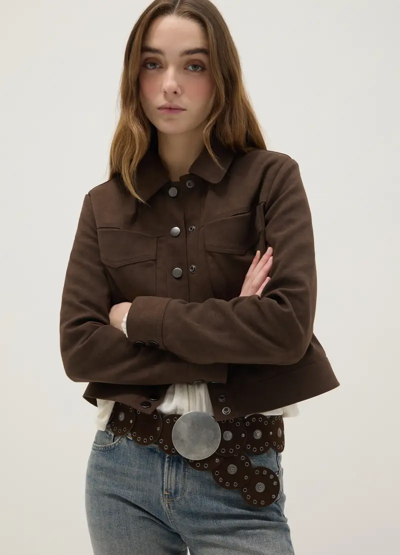 Giacca Marrone Regular Fit Con Bottoni A Pressione E Tasche Sul Petto, Donna, Marrone