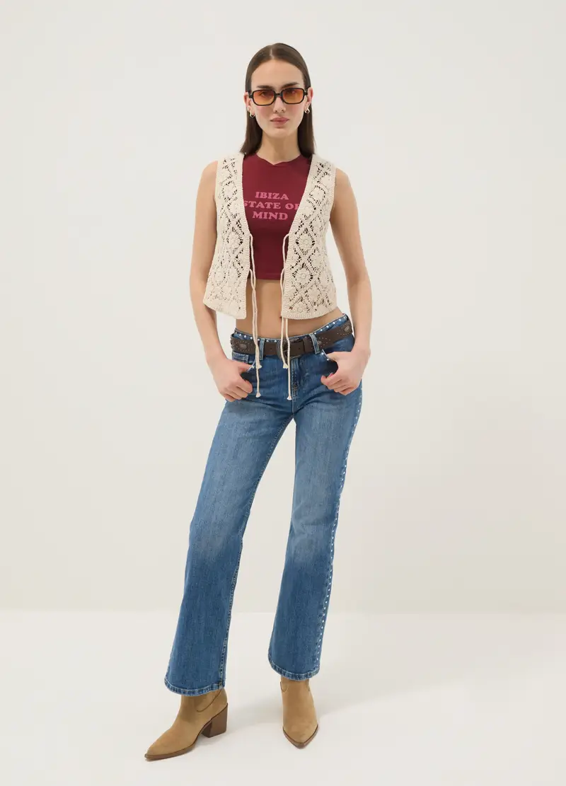 Gilet In Misto Cotone Beige Regular Fit Con Design A Maglia Floreale, Donna, Beige miniatura 2