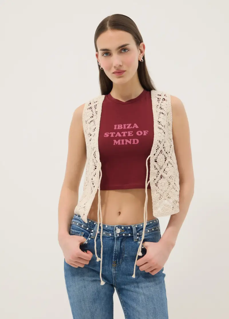 Gilet In Misto Cotone Beige Regular Fit Con Design A Maglia Floreale, Donna, Beige miniatura 3