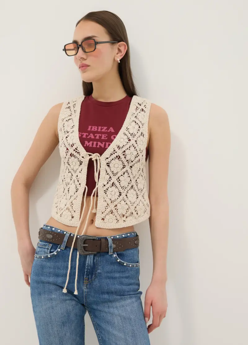 Gilet In Misto Cotone Beige Regular Fit Con Design A Maglia Floreale, Donna, Beige