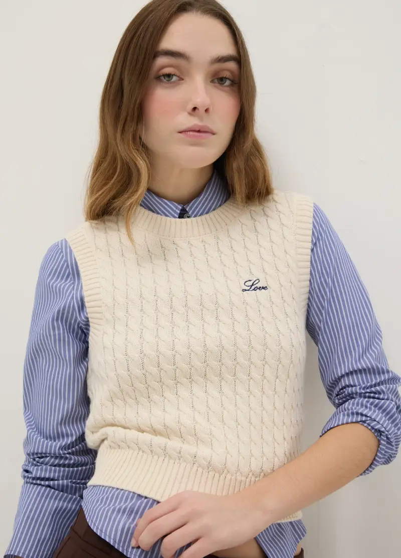 Gilet In Puro Cotone Beige Regular Fit Con Design A Trecce, Donna, Beige