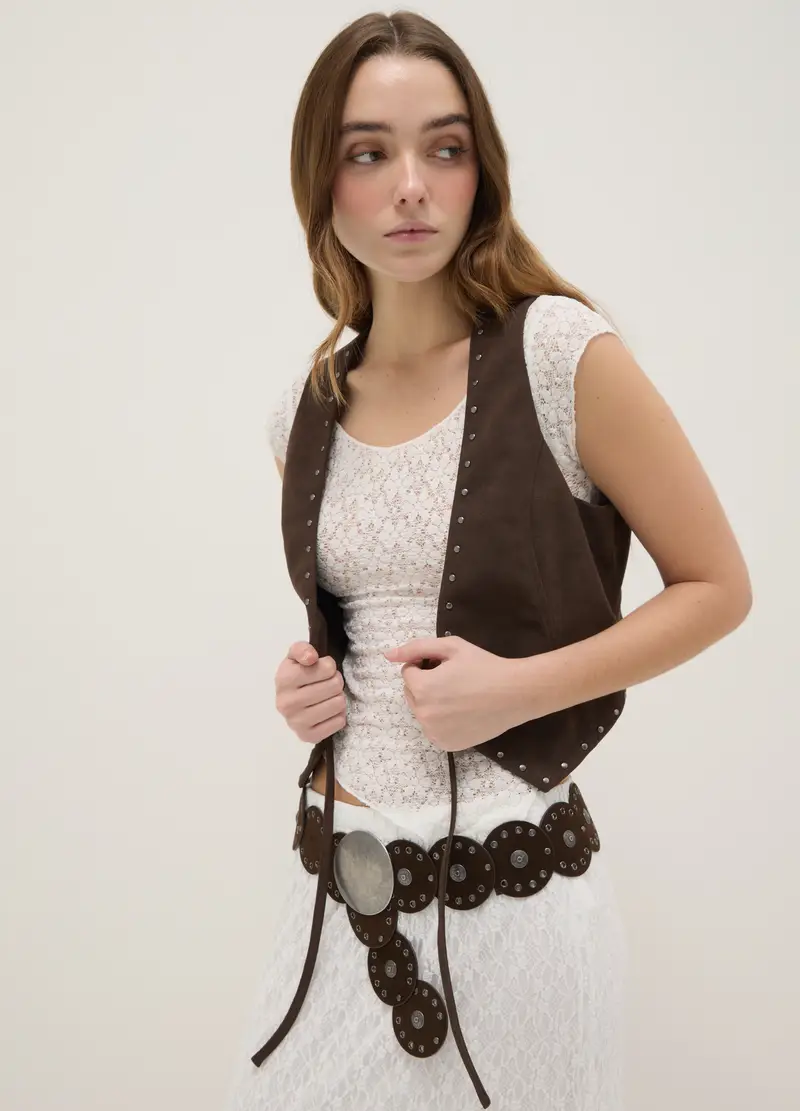 Gilet Marrone Senza Bottoni Regular Fit Con Chiusura A Stringa, Donna, Marrone