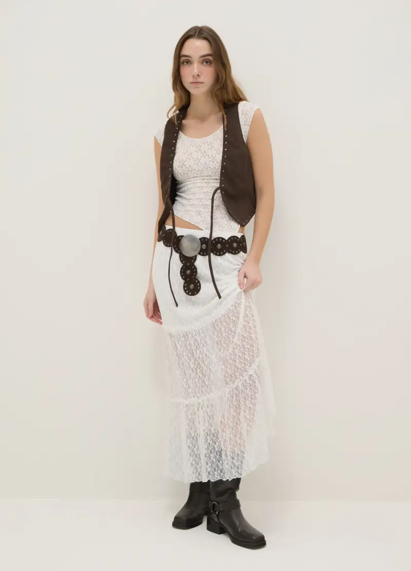 Gonna Lunga In Pizzo Bianca Regular Fit, Donna, Bianco miniatura 2