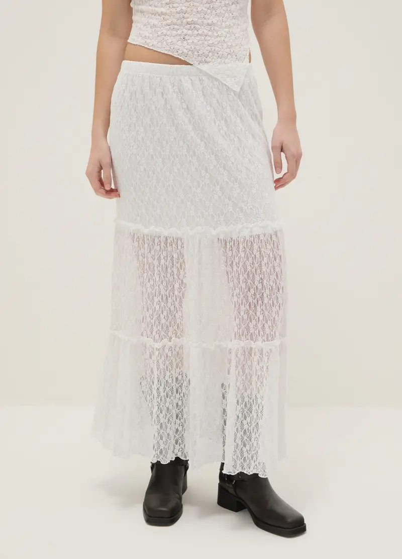 Gonna Lunga In Pizzo Bianca Regular Fit, Donna, Bianco miniatura 3