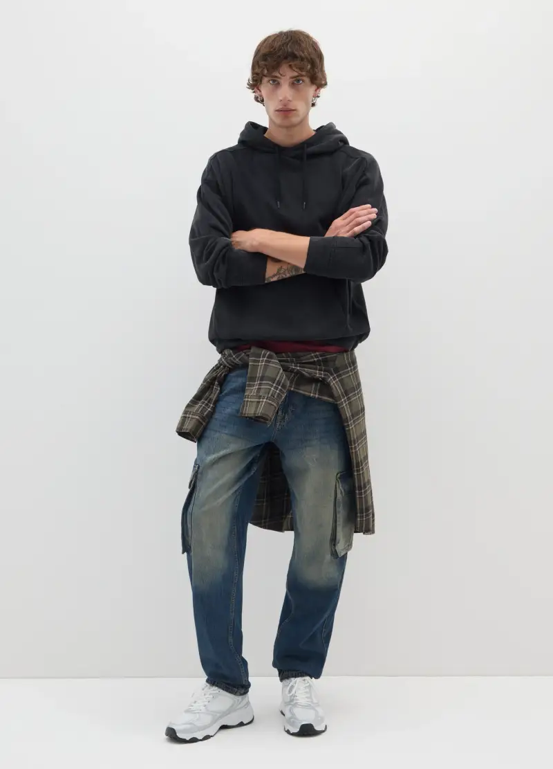 Jeans Cargo Baggy In Puro Cotone Lavaggio Medio, Uomo, Denim