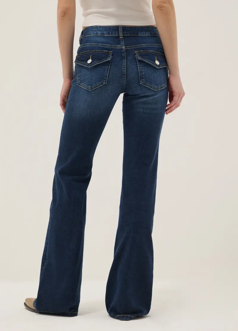 Jeans Flare In Cotone Denim Elasticizzato Blu, Donna, Denim miniatura 3