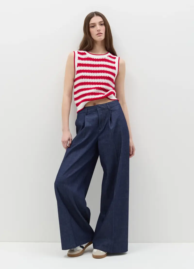 Jeans Fluido A Gamba Larga Con Pinces, Donna, Denim