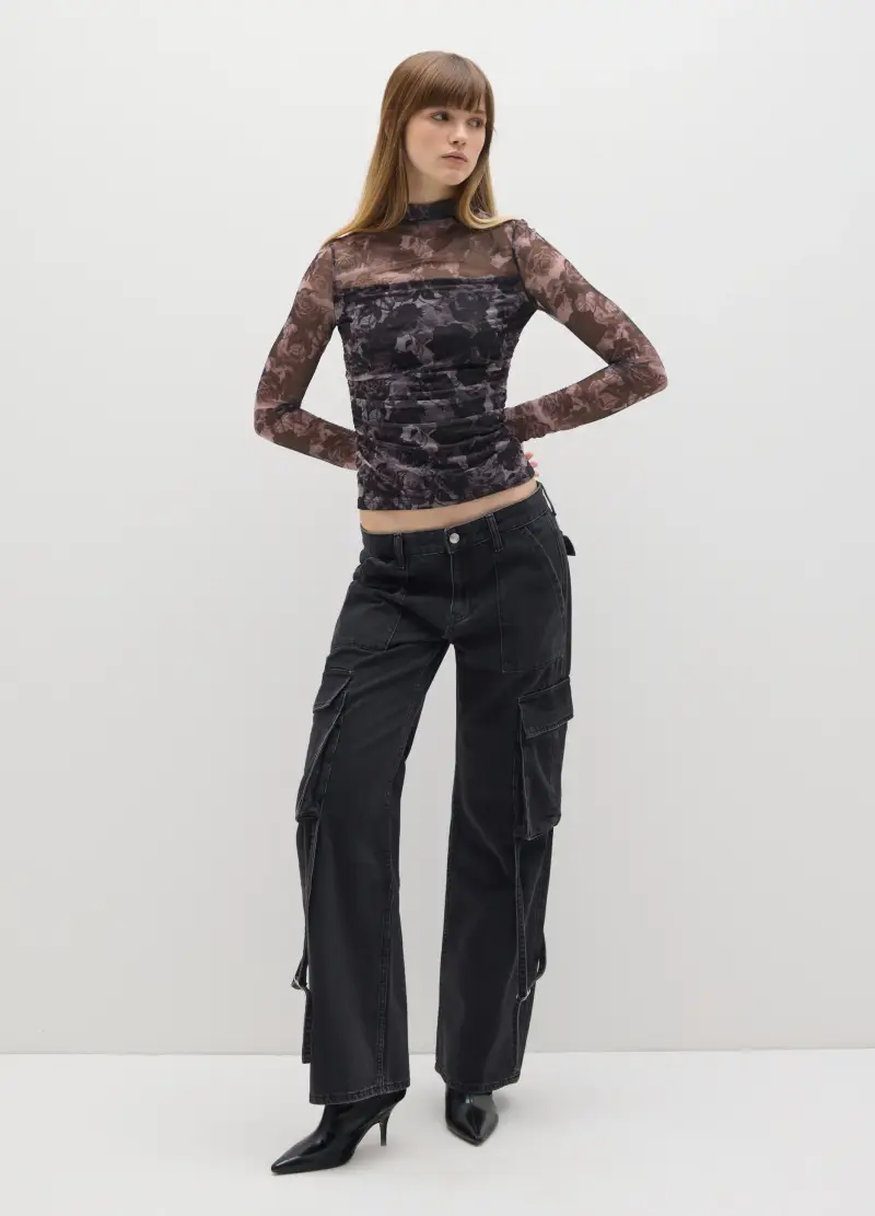 Maglia A Maniche Lunghe Grigia Con Stampa Floreale, Donna, Nero miniatura 2