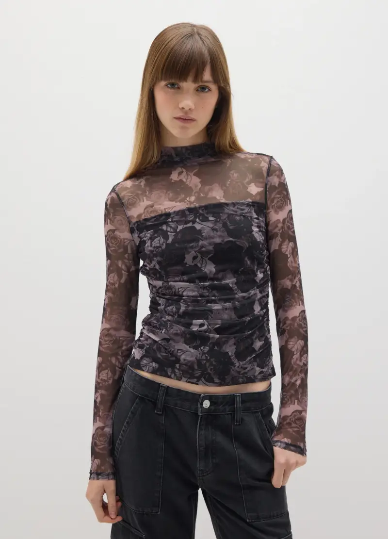 Maglia A Maniche Lunghe Grigia Con Stampa Floreale, Donna, Nero miniatura 3