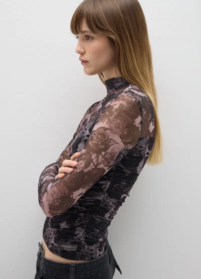 Maglia A Maniche Lunghe Grigia Con Stampa Floreale, Donna, Nero