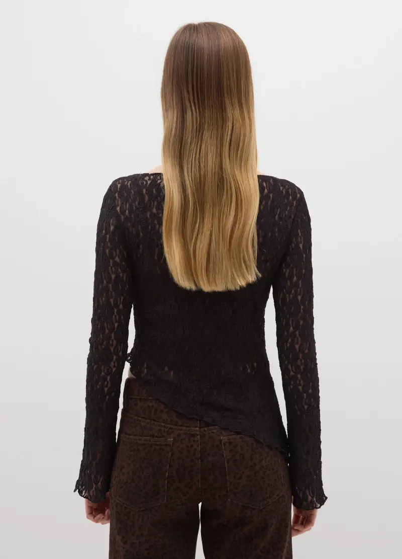 Maglia A Maniche Lunghe In Pizzo Nera Regular Fit Con Scollo A Barca, Donna, Nero miniatura 3