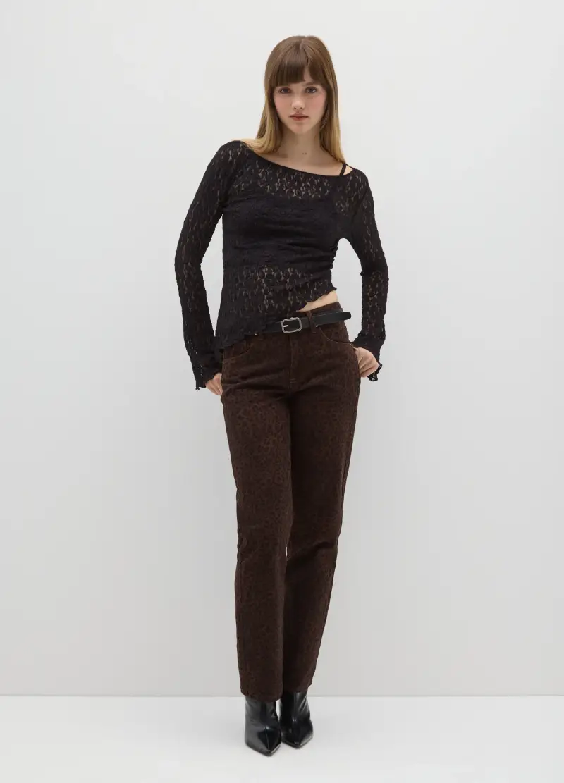 Maglia A Maniche Lunghe In Pizzo Nera Regular Fit Con Scollo A Barca, Donna, Nero miniatura 2