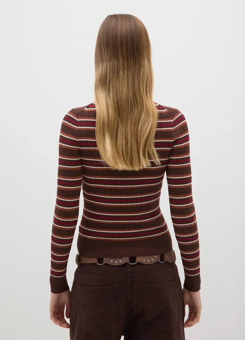 Maglia A Righe Marrone Con Collo Alto In Misto Viscosa, Donna, Multicolor miniatura 3