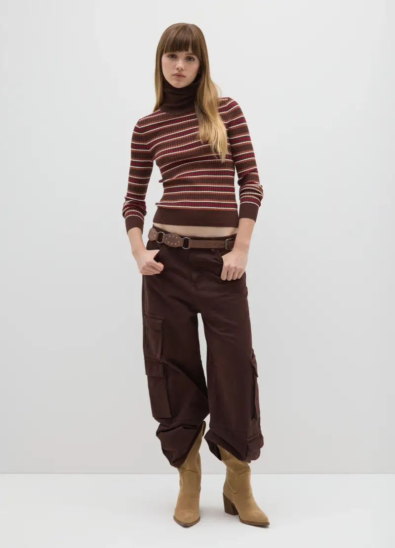 Maglia A Righe Marrone Con Collo Alto In Misto Viscosa, Donna, Multicolor