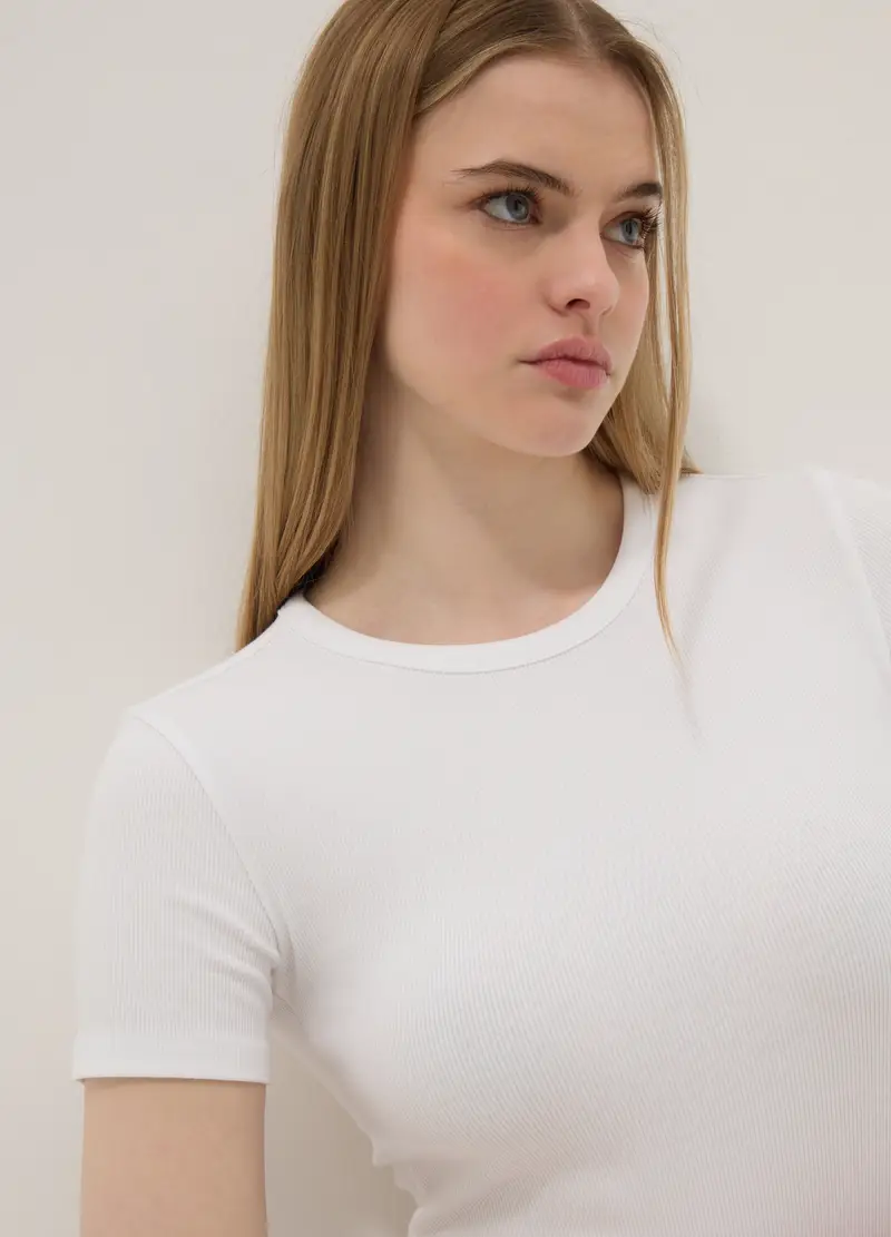 Maglia In Cotone Elasticizzato Bianca Slim Fit, Donna, Bianco