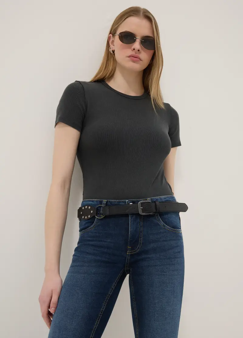 Maglia In Cotone Elasticizzato Grigia Slim Fit, Donna, Grigio