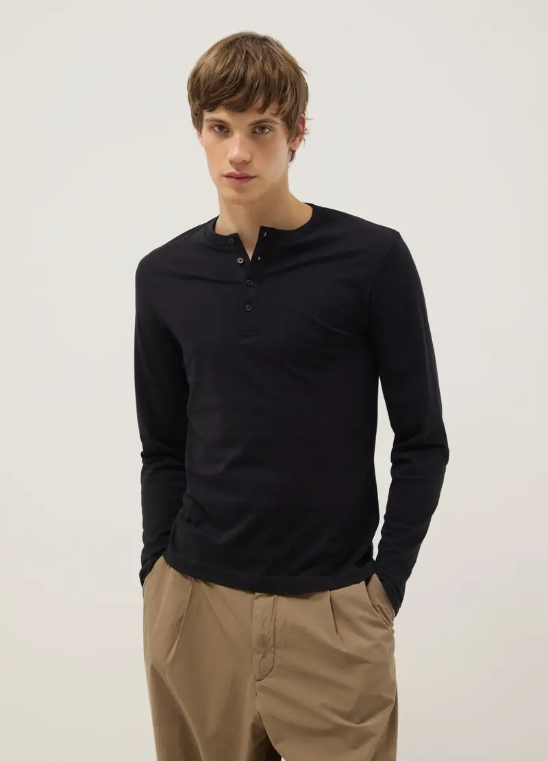 Maglia In Puro Cotone Nera Regular Fit Con Bottoni, Uomo, Nero