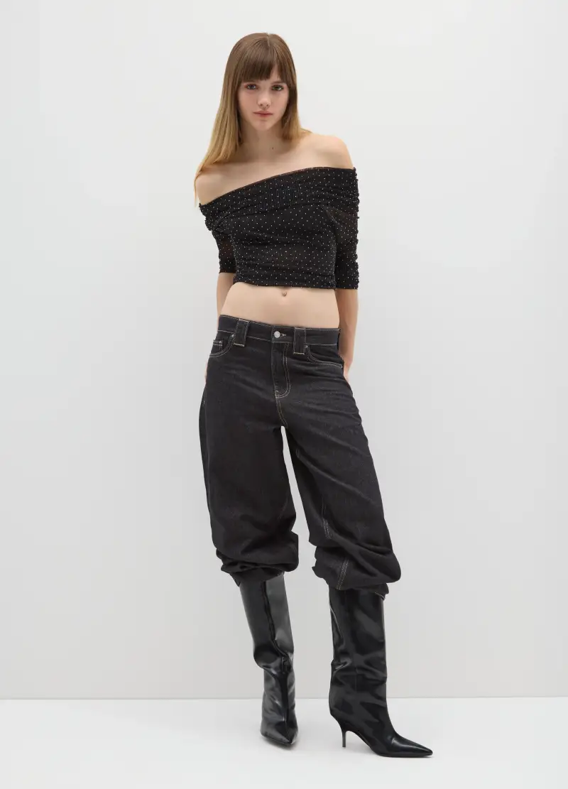 Maglia In Tessuto Elasticizzato Nera Con Spalle Scoperte, Donna, Nero